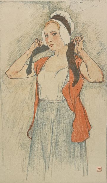 RASSENFOSSE (Armand). "年轻人的召唤"（1892）。纬线纸上的软清漆和水印，装在白色垫子下面。装裱尺寸：44 x 30.5厘米；主题：19...