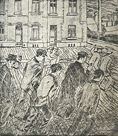 BRUSSELMANS (Jean). "工人"（1917年）。黑色蚀刻版画，版上有日期和签名，装在垫子和白色木框下。画框尺寸：54 x 47厘米；主题：32.5...