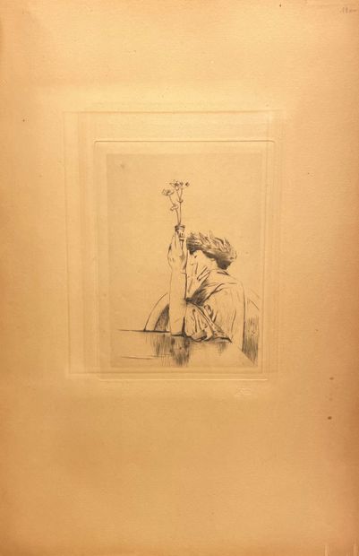KHNOPFF (Fernand). "奉献的姿态"（1900）。印在纸上的黑色蚀刻画，带有Société des Aquafortistes Belges的印章。最后的状态。媒体尺寸：48...