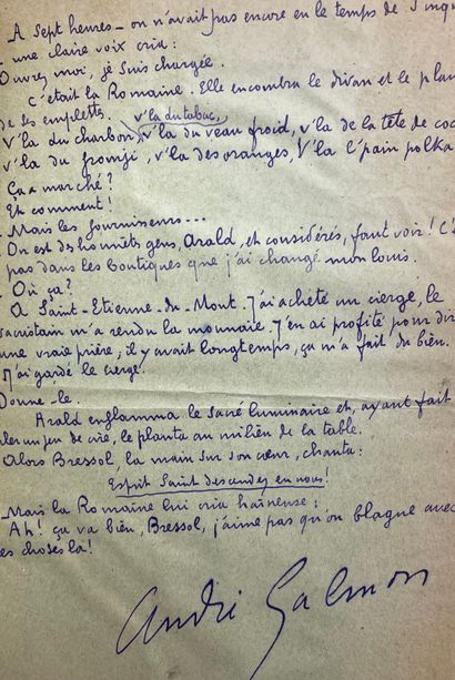 null SALMON (André)."财富"。签署的亲笔手稿。5页，8°，装裱在有绢布保护的阿克塞斯纸上（另附印刷文本），棕色半铬酸盐，光滑的书脊，长标题。1912年1月12日发表在《巴黎日报》上的有趣故事，讲述了一个沦落到画鹅卵石的...