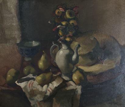 CAMUS (Gustave). "梨子的静物/少女的肖像"（1941年）。双面板油画，右下角有日期和签名，安装在木框中。框架尺寸：64.5 x 74.5厘米；主题：68.5...