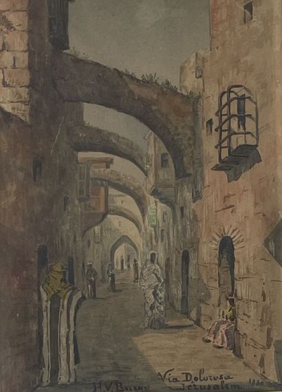 NON IDENTIFIE. "Via Dolorosa, Jerusalem"（1880）。纸上水彩画，右下角有标题、日期和签名，装在帕斯帕特和鎏金木框中。画框尺寸：33.5...