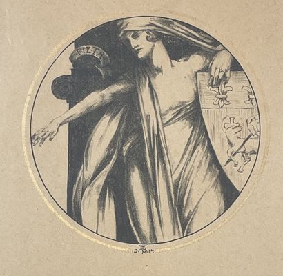 null THIELEMANS（查尔斯）。"Pieta"（1914年）。铅笔画（在奖章中），标题、日期和签名在中间下方，安装在passe-partout和鎏金木框下。画框尺寸：55.5...