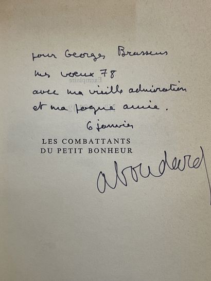 GIONO (Jean). Deux cavaliers de l'orage.P.，NRF，1965年，12开本，全灰布，光滑的书脊上有标题片，第1个封套。第一版。新闻服务的副本，其中有一封给乔治-布拉森的信："带着我的钦佩和友谊/让-吉奥诺"...