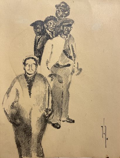 null JORIS（雅克-路易斯）。"西班牙战争中的人物"（1937年）。很好的一套6幅油性铅笔和炭笔画，都有签名，只有1幅有日期。粘贴在纸板上的图画（纸粘在上边缘），只有1幅装在垫板下。主题尺寸：(1...