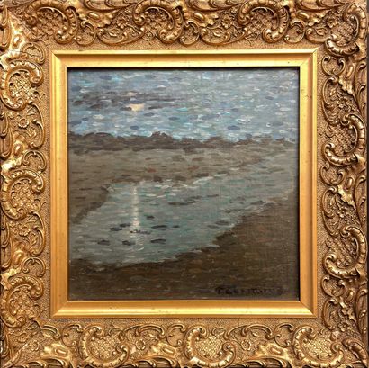 LANTOINE (Fernand). "海洋夜曲"。布面油画铺在面板上，右下角有签名，装在镀金的木框里。画框尺寸：34.5 x 34.5厘米；主题：24 x ...