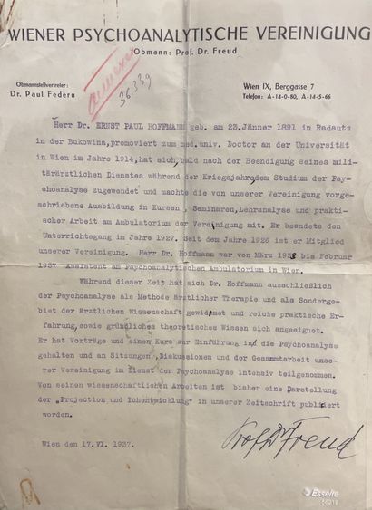 null 弗洛伊德（Sigmund）和希茨曼（Eduard）。恩斯特-保罗-霍夫曼的推荐信。恩斯特-保罗-霍夫曼于1891年1月23日出生在现在的罗马尼亚，位于布科维纳区的11个主要城镇之一的拉达蒂，1930年那里的人口中有31%是犹太人。霍夫曼于1909年搬到维也纳，开始了他的大学学习。他在1914年成为一名医学博士。他开始对精神分析感兴趣，并接受了保罗-费德恩的分析，然后又接受了曾与弗洛伊德一起分析过的爱德华-希希曼的分析。他于1926年成为维也纳精神分析协会的准会员，1931年成为普通会员。1938年3月初，霍夫曼在安特卫普美术学院教授雷内-勒克莱克（René...