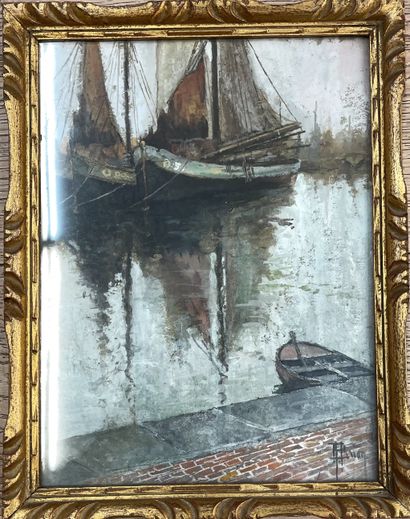 null BRION (H.)."Bassin de Blankenberge"。油画，右下角有签名，装在一个镀金的木框里。框架尺寸：30 x 23,5厘米；主题：26,5...