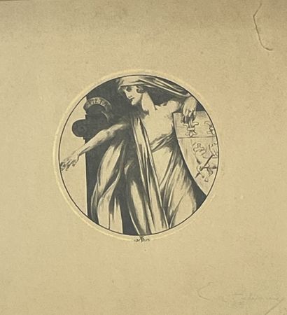 null THIELEMANS（查尔斯）。"Pieta"（1914年）。铅笔画（在奖章中），标题、日期和签名在中间下方，安装在passe-partout和鎏金木框下。画框尺寸：55.5...