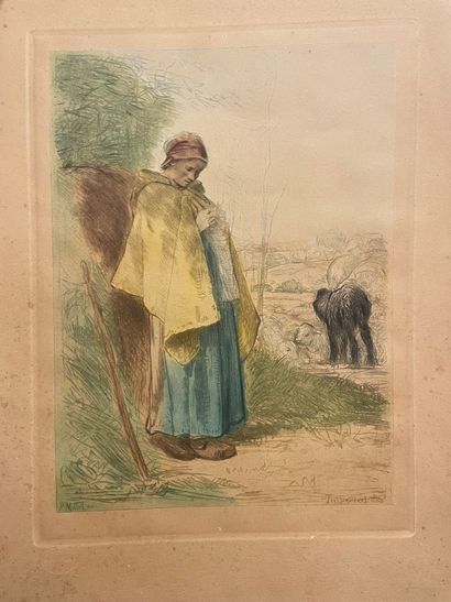 null MILLET（让-弗朗索瓦）。"牧羊女与她的羊群"（1889）。皮埃尔-萨尔维（Pierre Salvy）和弗雷德里克-泰松尼耶（Frédéric Teysonnières）根据米勒的作品制作的彩色螺旋版画。支持物的尺寸：56,5...