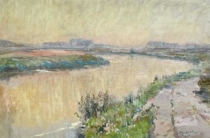 MERCKAERT (Jules). "黎明的风景"（1914年）。纸上油画，右下角有日期和签名，装在白色垫子和鎏金木框中。框架尺寸：76 x 106厘米；主题：48...
