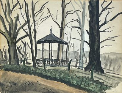 MILO (Jean). "皇家公园的卡鲁赛尔"（1934年）。纸上水彩画，右下角有日期和签名，装在白色垫子和鎏金木框中。框架尺寸：71 x 85.5厘米；主题：47.5...