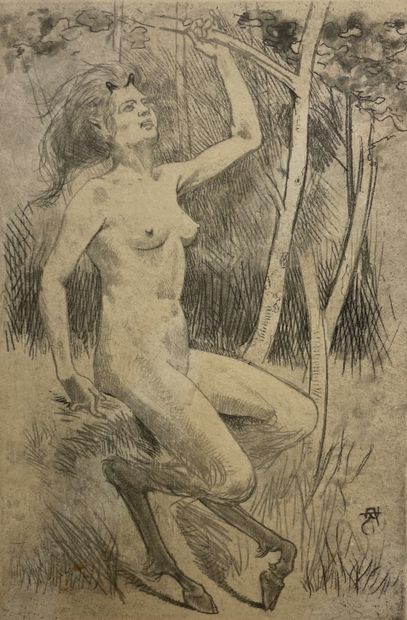 RASSENFOSSE (Armand). "年轻人的召唤"（1892）。纬线纸上的软清漆和水印，装在白色垫子下面。装裱尺寸：44 x 30.5厘米；主题：19...