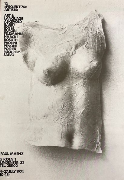 null 艺术和语言。海报（1974）。1974年为科隆Paul Maenz画廊的群展制作的黑色胶版。与以下艺术家合作。Askeyvold, Barry, Boyle,...