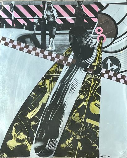 BERTINI (Gianni). "组成"（1973）。丝网和照片印在金属板上，右下角有标题、专用、日期和黑笔签名。尺寸：60 x 49厘米（划痕，下角有折痕...