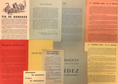 Tracts surréalistes.- 一套10张传单，以黑色印刷在不同颜色的纸上。在这些传单中，让我们引用："Démasquez les physiciens...