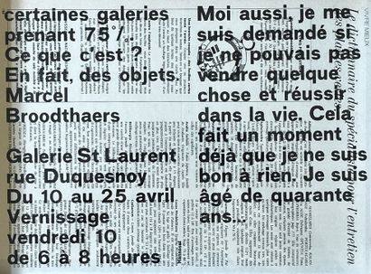 BROODTHAERS (Marcel). Marcel Broodthaers第一次展览的邀请函，展览于4月10日星期五至25日在布鲁塞尔的Saint-Laurent画廊举行[1964]。科内尔-汉诺塞特的版面设计，在一张以前印制的时尚杂志的光面纸的两面打印。格式：25.2...