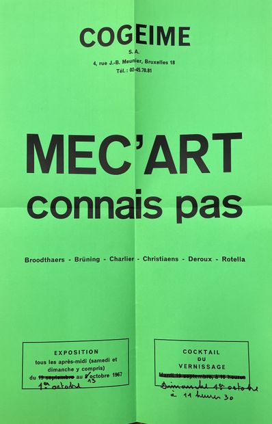 null "哥们儿不知道"。内部海报（1967年）。布鲁塞尔Cogeime画廊的群展：布罗代尔、布鲁宁、夏利埃、克里斯蒂安、德鲁和罗特拉。手写的展览时间表的更正。尺寸：45...