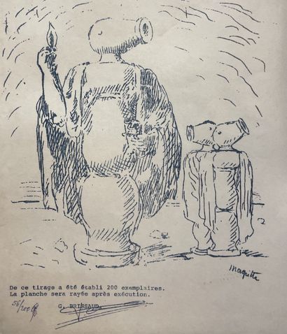 MAGRITTE (René). "Le Colle"（1950）。蓝墨水印在白纸上的2张图版的重合，摘自《Cercle [d'échecs] Edgard Colle月刊》。尺寸：（2...