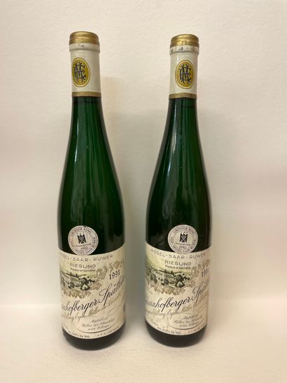 null "Scharzhofberger Spätlese - Egon Müller (1991). Two bottles. Good levels, capsules...