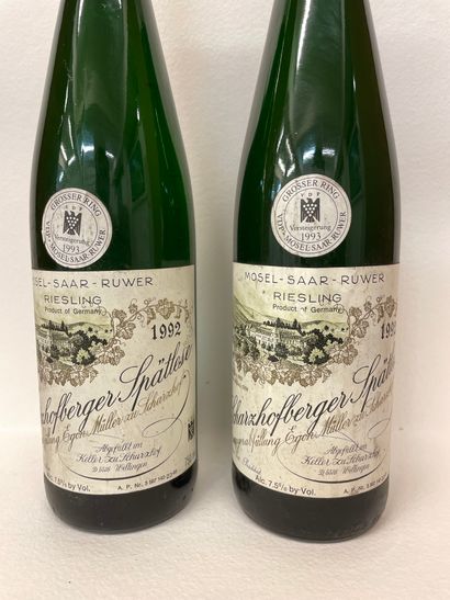 null "Scharzhofberger Spätlese - Egon Müller (1992). Two bottles. Good levels, capsules...