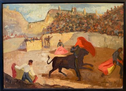 SMETS (Charles Ernest). "Corrida" (1935). Huile sur toile marouflée sur panneau,...
