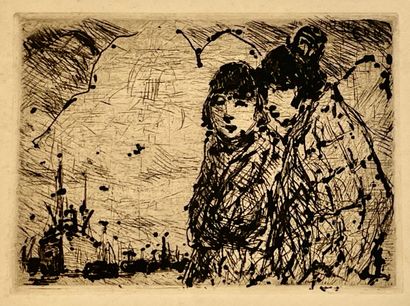 VAN MIEGHEM (Eugène). "港口上的妇女"。日本纸上的黑色蚀刻画。支架尺寸：32.5 x 36.5厘米；主题：9 x 12.5厘米（边缘有细微...