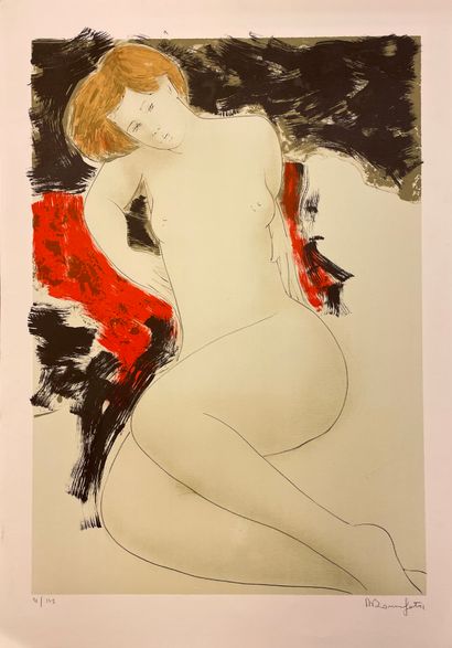 BONNEFOIT (Alain). "裸体"（1991）。彩色石板画印在坚固的纸张上，只有51/175，并有铅笔签名。支持物的尺寸：100×70厘米；主体：84.5×60厘米/IDEM。"裸体"（1998年）。彩色石板画，印在B.F.K....