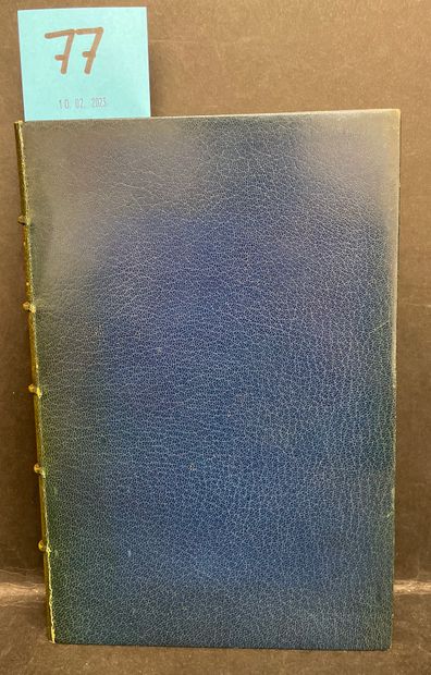 null BOUFFLERS（Chevalier de）。阿琳娜，戈尔康德王妃。P., Société des Amis des Livres, 1887年，大8°，29页，全蓝色摩洛哥，书脊有5个神经，作者和标题镀金，边缘镀金，螺纹边缘，内部花边镀金，蓝色封面在板上，Auguste...