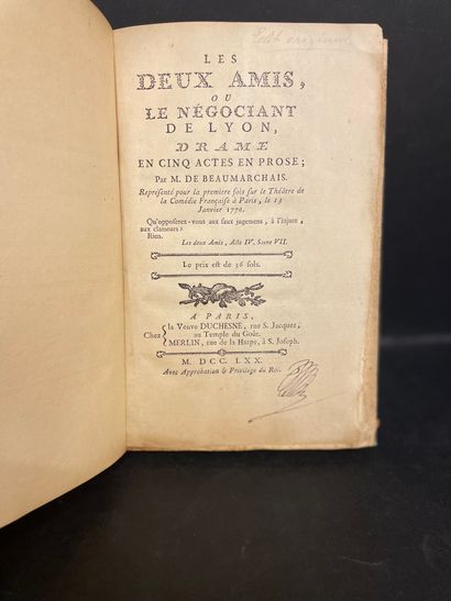 null BEAUMARCHAIS (Pierre Augustin Carron de).两个朋友，或里昂的商人。五幕散文剧，1770年1月13日在巴黎法兰西喜剧院首次演出。巴黎，Veuve...