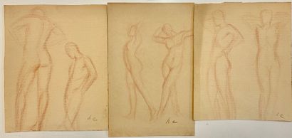 EVENEPOEL (Henri). "裸体研究"。一套3幅红色粉笔画，都在右下角有图案。支架和主题的尺寸：从17.5 x 11.5厘米到16.5 x 13.2...