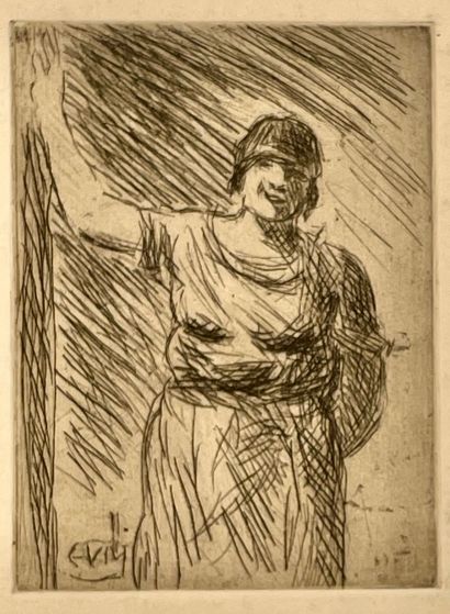 VAN MIEGHEM (Eugène). "一个女人。日本纸上的黑色蚀刻画。支架尺寸：37,5 x 32,5厘米；主题：9,7 x 7,2厘米。