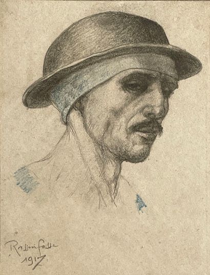 RASSENFOSSE (Armand). "矿工"（1917）。纸上石墨和蓝色铅笔，右下角有日期和签名，装在银灰色的木框中。框架尺寸：34.5 x 29.5厘米；主题：20...