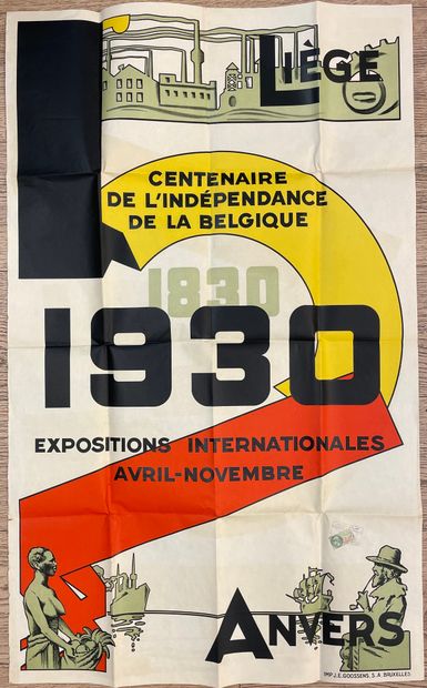 ANONYME. "比利时独立一百周年"（1930年）。海报。Brux, Impr. Goossens, 1930, 尺寸：99,5 x 61 cm (有折痕，...