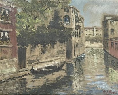 null ROLLI (B. de)《威尼斯运河风光》。布面油画，右下角有签名，装在垫子和木框下。框架尺寸：58 x 66,5厘米；主题：38 x 46厘米。