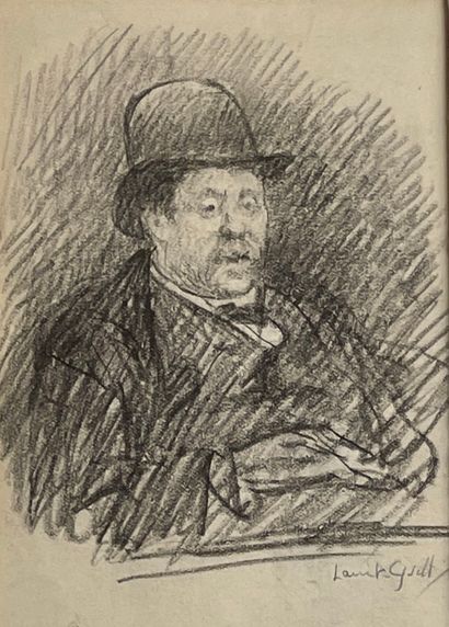 null GSELL (Laurent). "Portrait d'homme au chapeau melon". Crayon sur papier, signé...