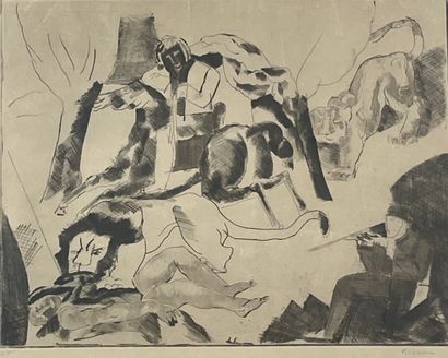 DUFRESNE (Charles). "猎狮人"（约1921年）。蚀刻，干点和轮盘赌，奶油色的铺纸，只是。框架尺寸：50,5 x 57厘米；主题：30 x 3...