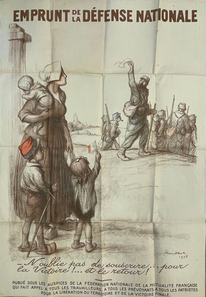 POULBOT (Francisque). "为国防借款"（1915年）。彩色石版画。P., Devambez, 1915年，尺寸：116 x 80厘米（折痕，...