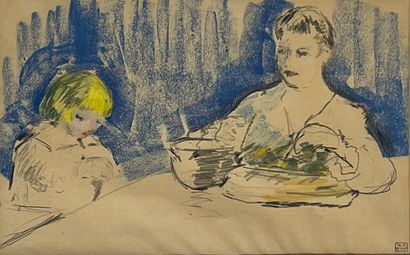 PAERELS (Willem). "La Préparation du repas". Pastel et crayon sur papier, monté sous...