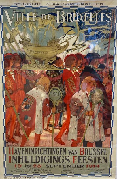 TOUSSAINT (Fernand). 海报（1914年）。为1914年9月19日至28日布鲁塞尔港口设施的落成典礼而制作的彩色平版画。由于战争的爆发，该活动被取消了。由De...