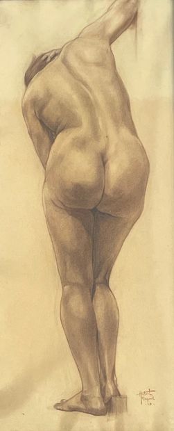 DUPOND (Hubert). "从背后看女性裸体"（1924年）。纸上粉画，右下角有日期和签名，装在木框里。框架尺寸：75 x 34厘米；主题：70.5 x...