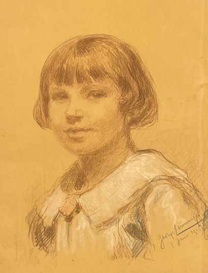 LEMMERS (Georges). "一个年轻女孩的肖像"（1915年）。棕色铅笔画，用粉笔加高，右下角有日期和签名，装在帕斯帕特和镀金木框中。画框尺寸：41,5...