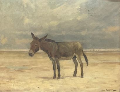 BERNIER (Géo). "海滩上的驴子"。布面油画，右下角有签名，装在木框中。框架尺寸：61 x 75厘米；主题：52 x 66厘米。