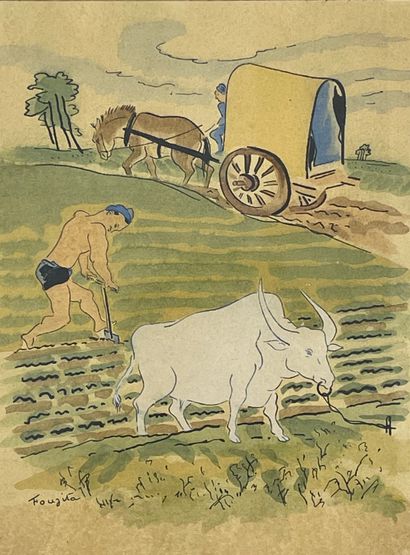 FOUJITA (Léonard). "Propos d'un intoxiqué" (1929).加斯顿-普罗斯特的解释性石版画，装在一个木框里。图版摘自J....