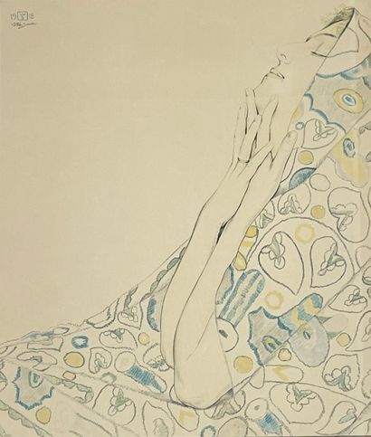 SAUER (Walter). "带花披肩的年轻女子"（1918年）。彩色石版画装在白色木框中。尺寸：73×66厘米；主题：49×41.5厘米。