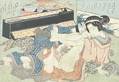 KUNISADA (1786-1864). "情色场景"。印刷品安装在一个炭布垫子和一个黑色和镀金的木框下。画框尺寸：37 x 44厘米；主题：17,5 x 25...