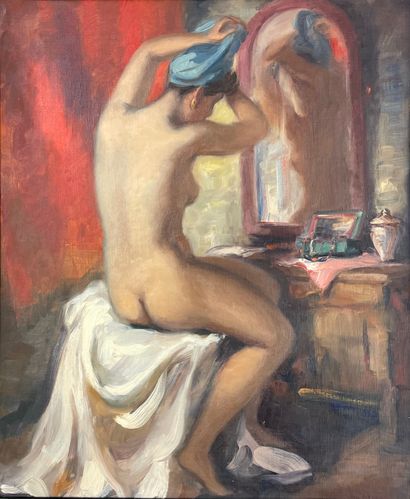 SMETS (Charles Ernest). "在厕所前戴头巾的裸体"。布面油画，装在面板上，用木头做垫子和框架。画框尺寸：65.5 x 55厘米；主题：59.5...