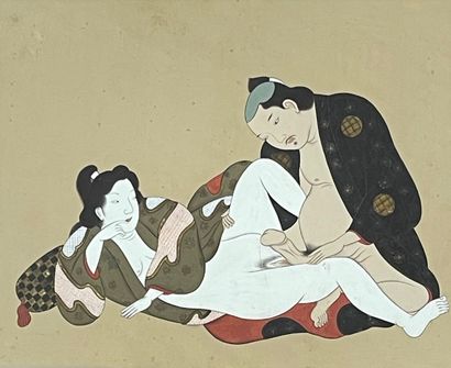 Erotique.- [日本学校] - "情色"（19世纪）。水粉画在纸上，装在一个帕斯帕特和镀金的木框下。画框的尺寸：33 x 36,5厘米；主题：16,3 x...