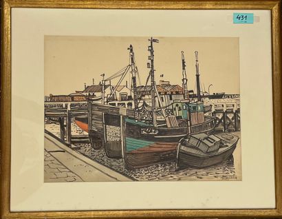 MAES (Jacques). "港口的渔船"。纸上水彩画，右下角有签名，装在帕斯帕特和镀金的木框中。框架尺寸：54 x 68.5厘米；主题：35.5 x 47...