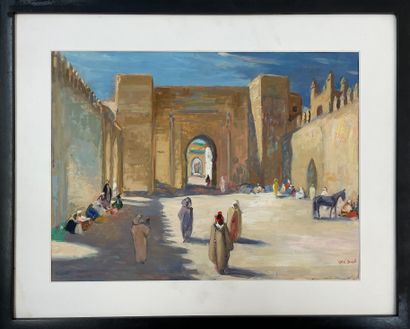 SMETS (Charles Ernest). "摩洛哥街的动画"。纸上油画，右下角有签名，装在黑色木框中。框架尺寸：42.5 x 52.5厘米；主题：29.5...